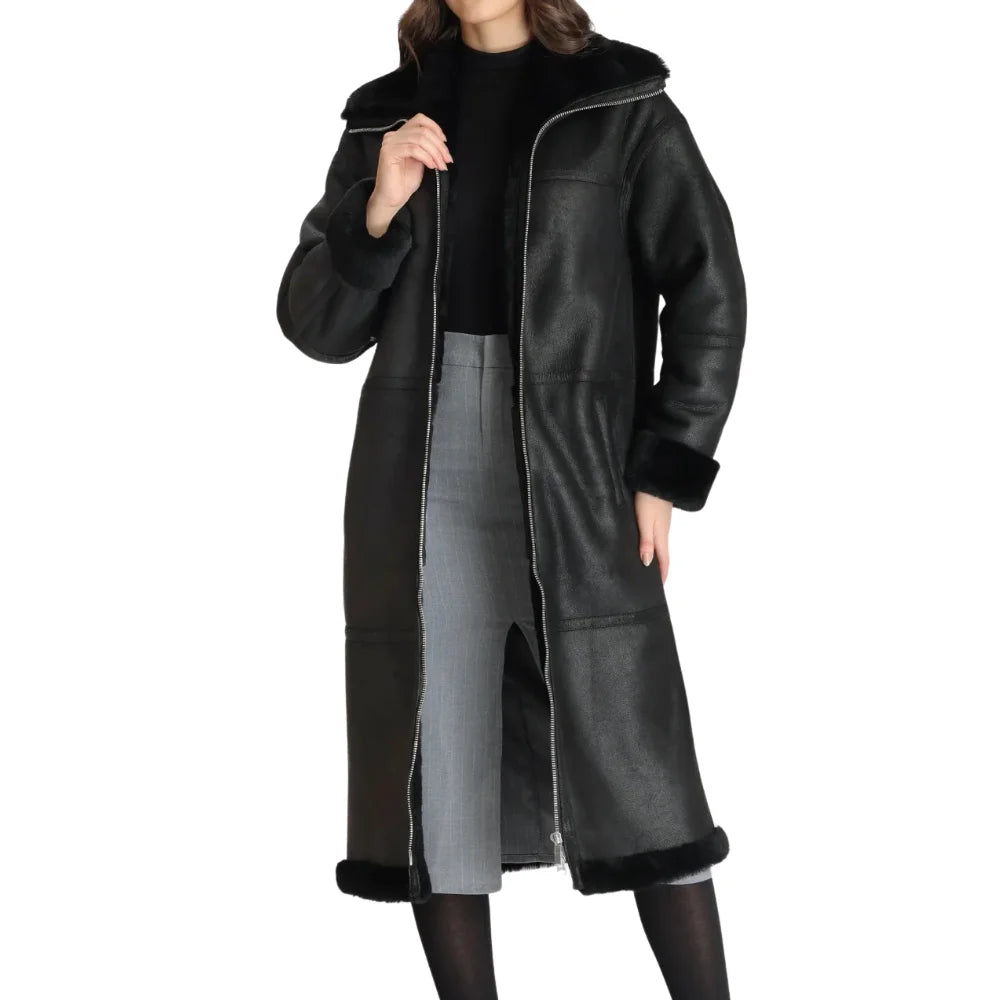 Women’s Full-Length Black Shearling Leather Coat – Ultimate Winter Warmth