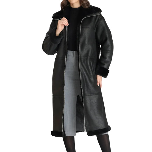 Women’s Full-Length Black Shearling Leather Coat – Ultimate Winter Warmth
