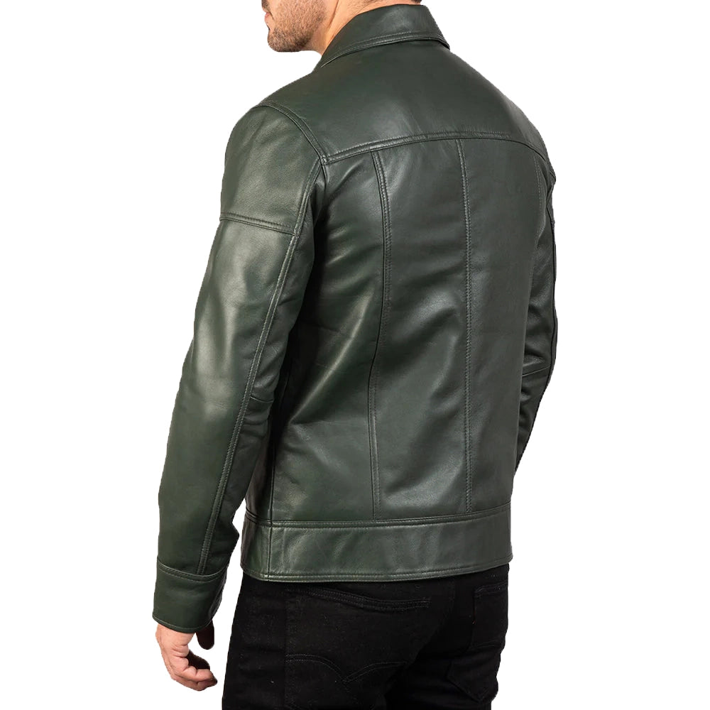 Mens' Green Shirt Collar Leather Biker Jacket