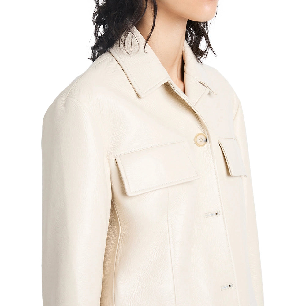 Shirt Collar Off White Leather Jacket Female