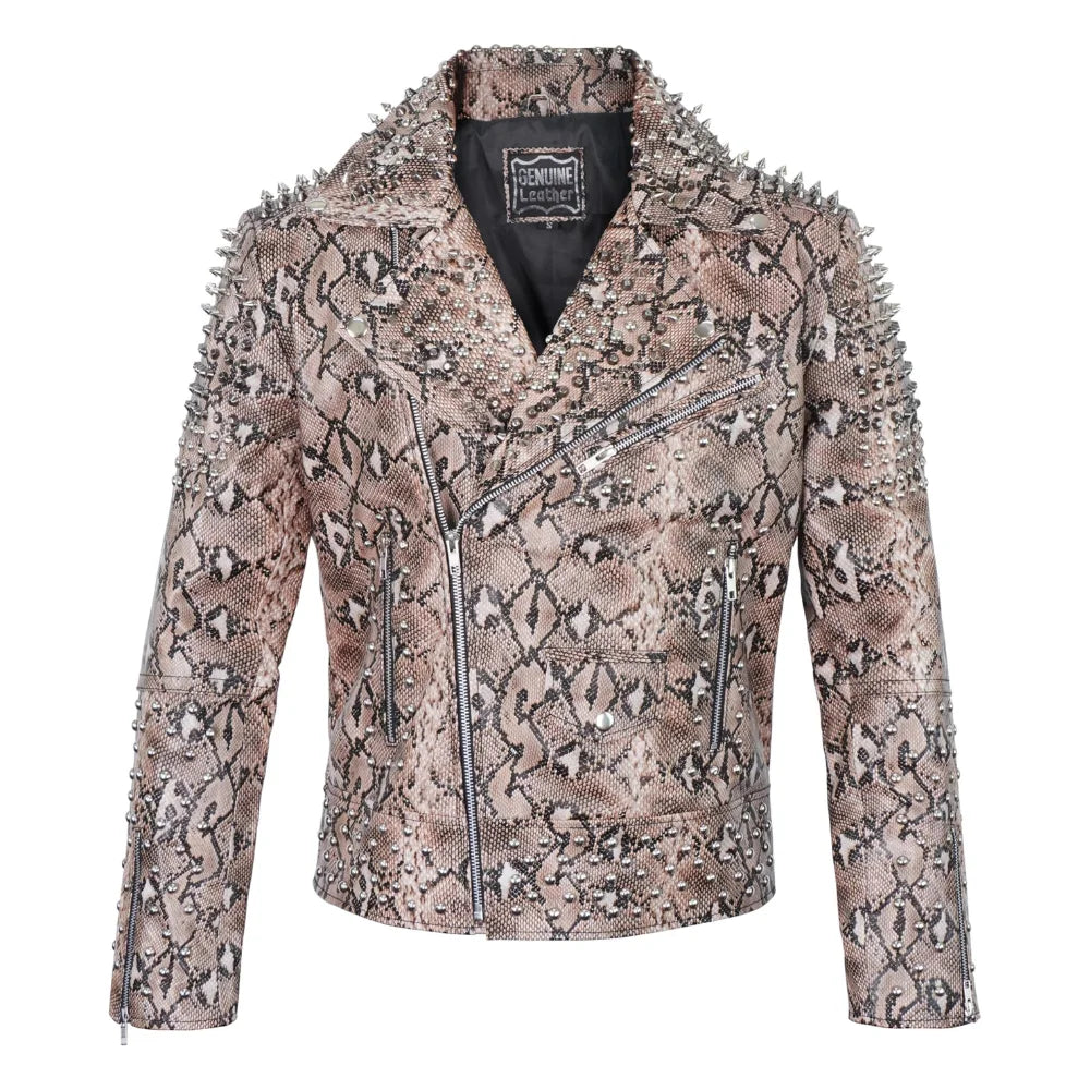 Men’s Snakeskin Pattern Studded Leather Biker Jacket