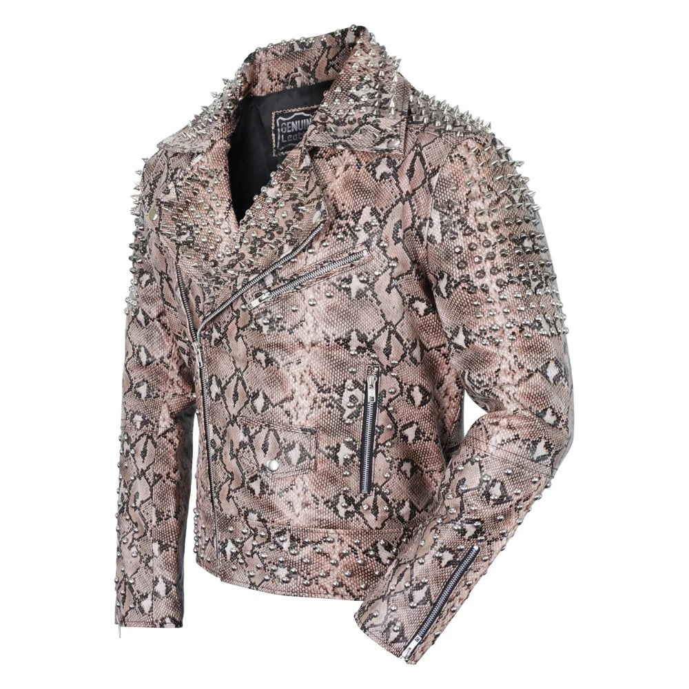 Men’s Snakeskin Pattern Studded Leather Biker Jacket