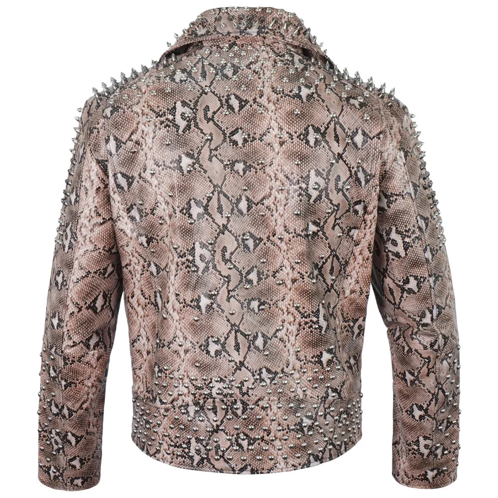 Men’s Snakeskin Pattern Studded Leather Biker Jacket