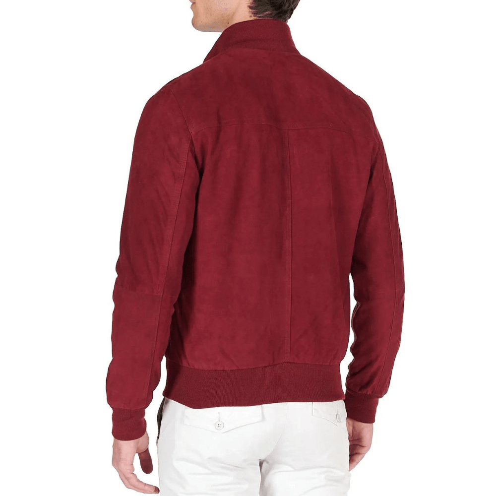 Men's High Neck Red Leather Bomber Jacket