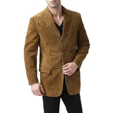 Slim Fit Notch Lapel Camel Brown Suede Leather Blazer Mens