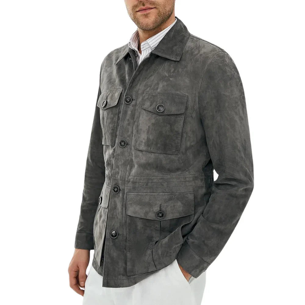 Men's Dark Suede Leather Shirt Jacket