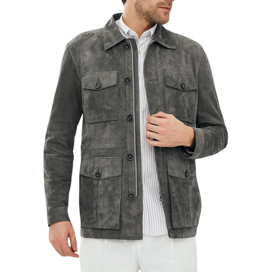 Men's Dark Grey Suede Leather Shirt Jacket