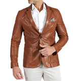 Close up of ​Mens Brown Two Button Tan Natural Leather Blazer Jacket