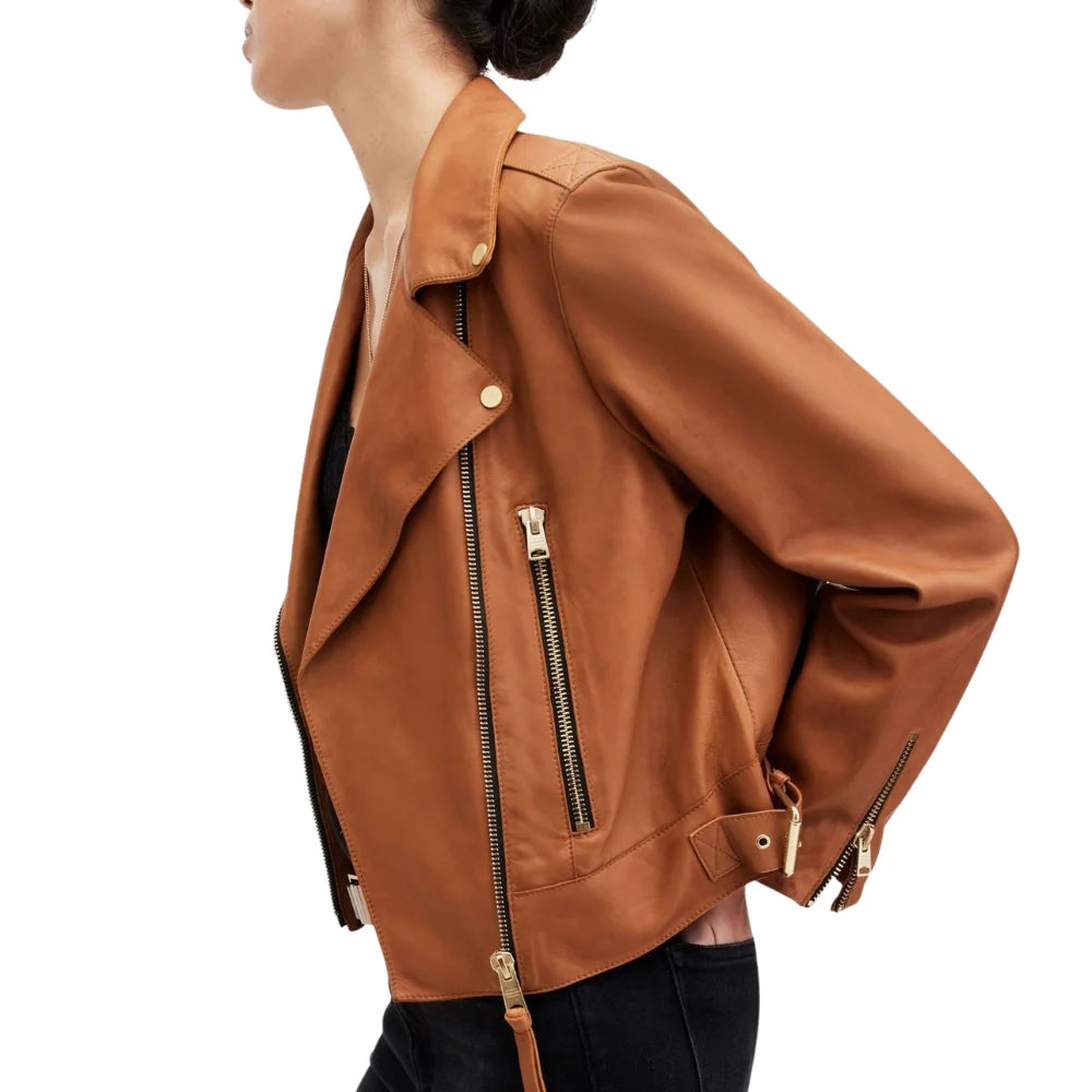 Women’s Tan Real Leather Biker Jacket