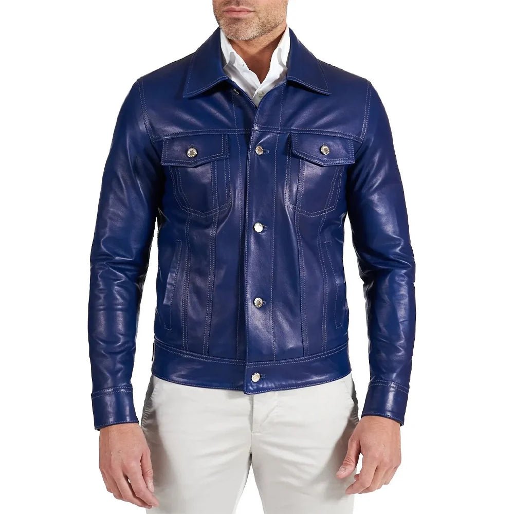 Real Lambskin Shirt Collar Blue Leather Jacket Mens
