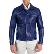 Real Lambskin Shirt Collar Blue Leather Jacket Mens