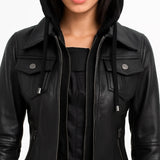 Emmy Black Leather Bomber Jacket Women with Removable Hood