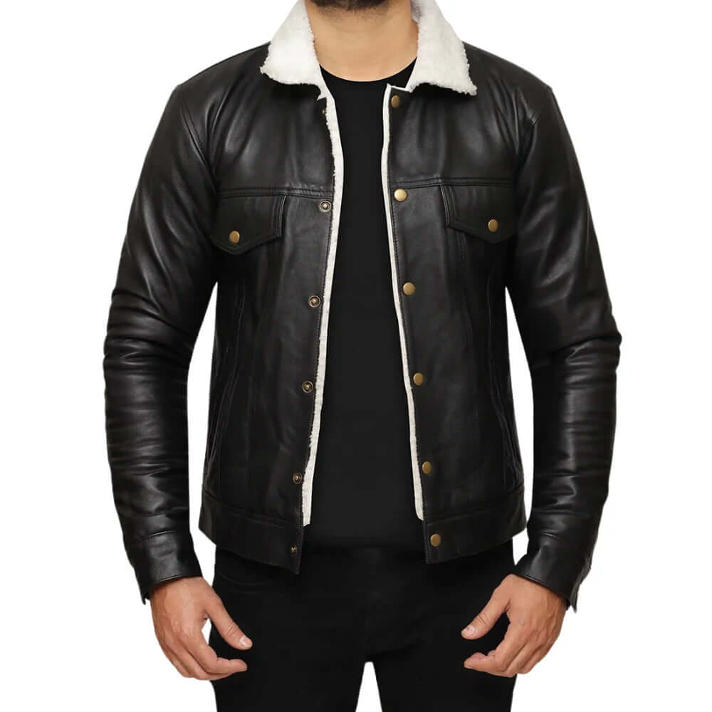 Men's Real Sherpa Black Leather Trucker Jacket