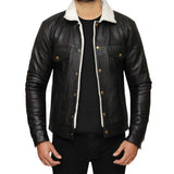 Men's Real Sherpa Black Leather Trucker Jacket