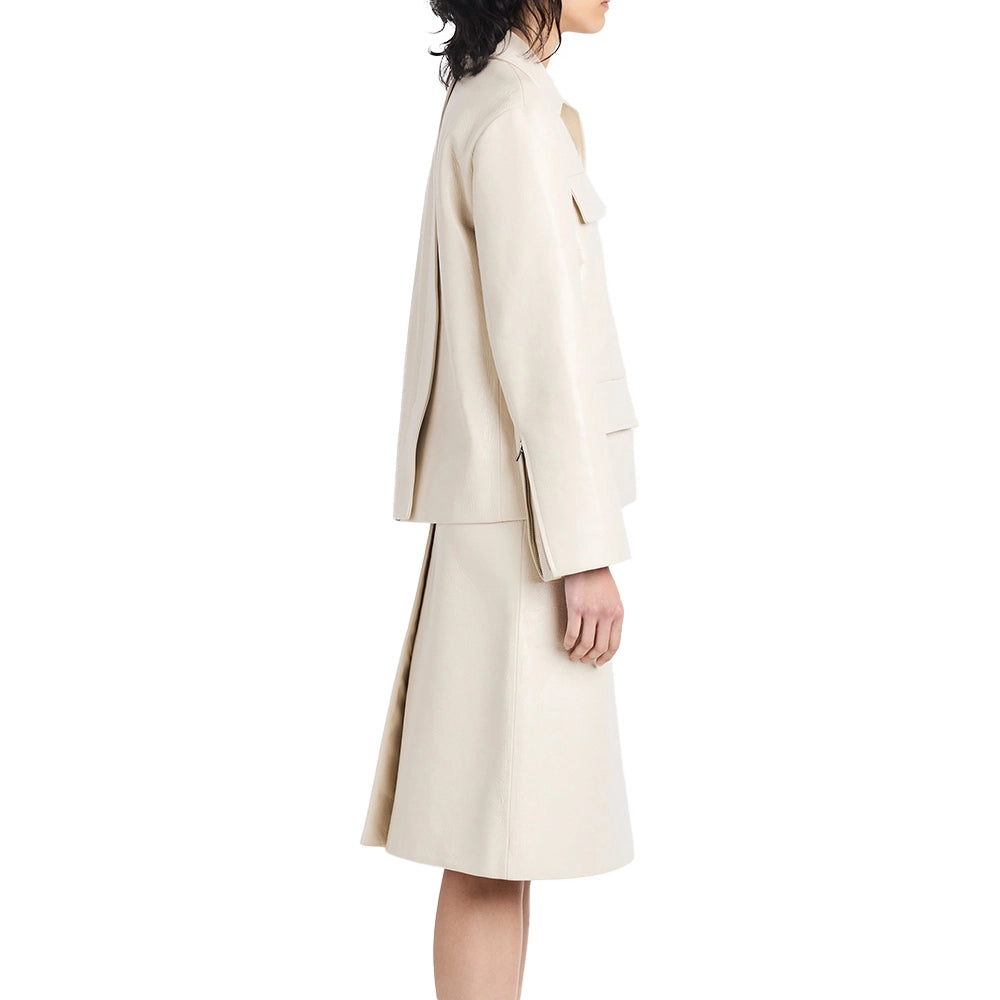 Shirt Collar Off White Leather Jacket Female