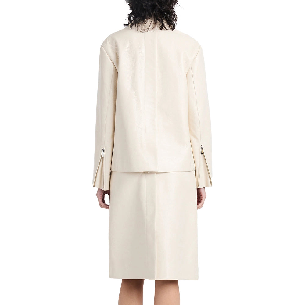 Shirt Collar Off White Leather Jacket Female