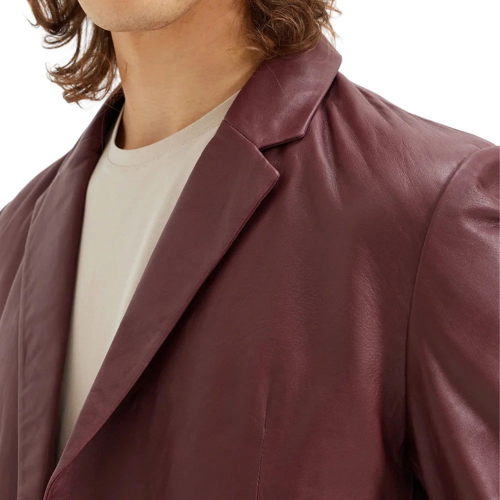 Close up of ​Men's Two Button Real Wine Red Leather Blazer Jacket