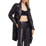 Womens Slim Fit Black Leather Coat With Belt