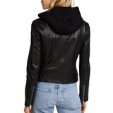 Billie Black Womens Real Leather Biker Jacket with Hood