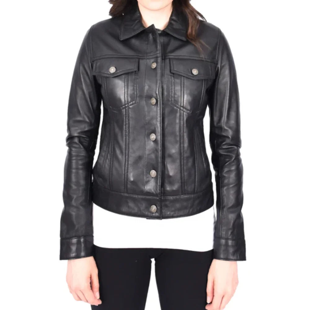Women’s Classic Black Leather Trucker Jacket