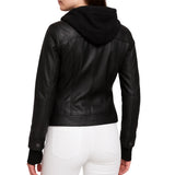 Emmy Black Leather Bomber Jacket Women with Removable Hood