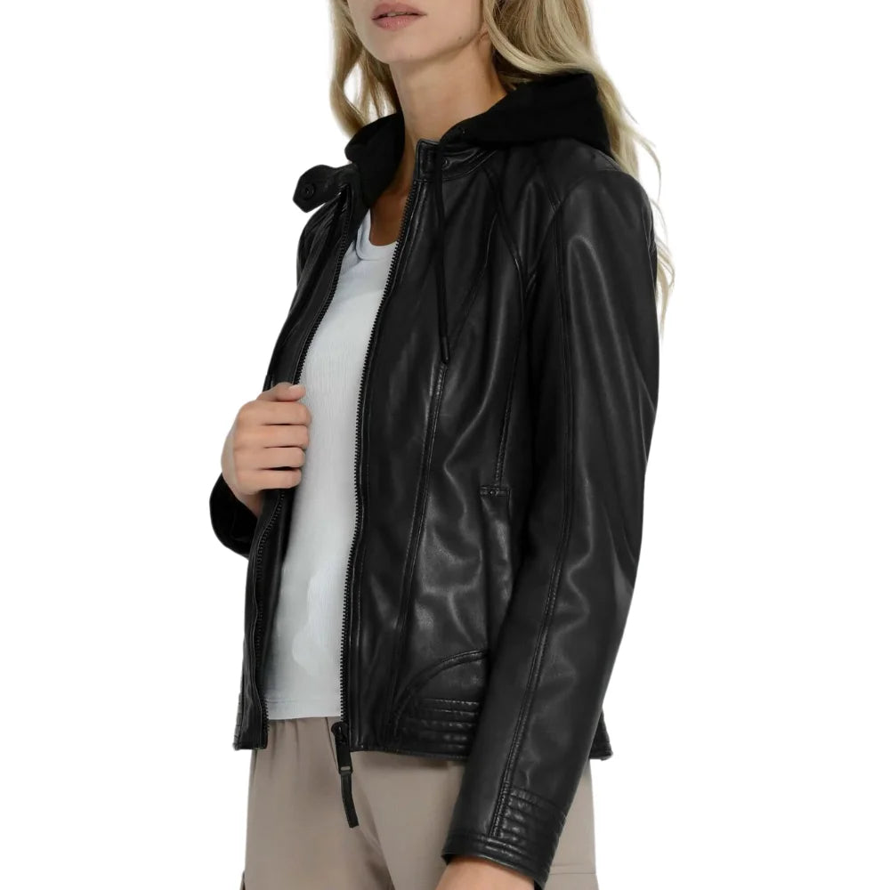 Women's Black Hooded Moto Jacket
