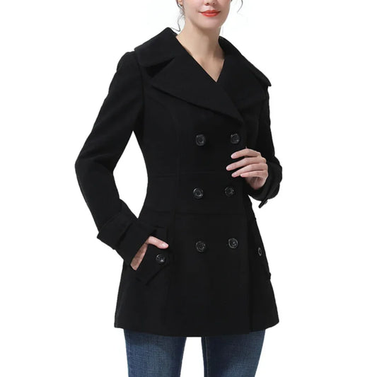 Women’s Classic Black Double Breasted Wool Blend Coat