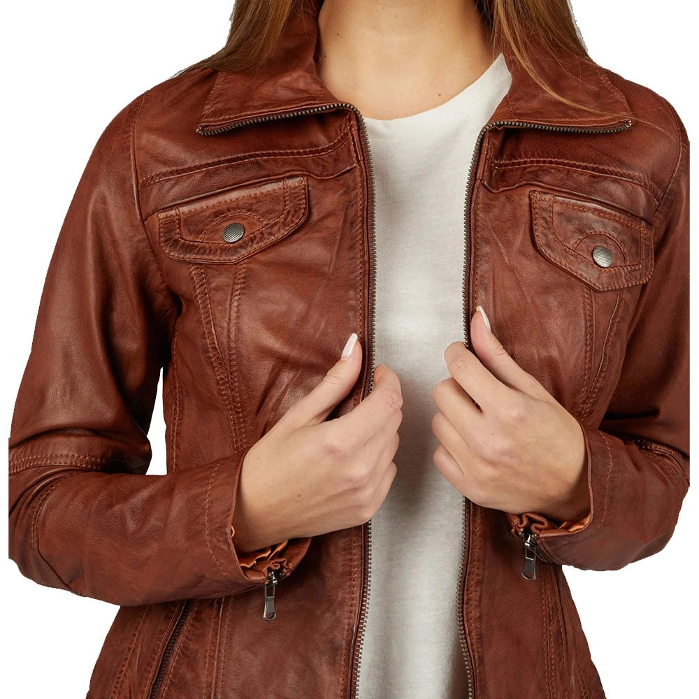 Slim Fit Brown Genuine Leather Jacket Womens