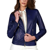 Women's Blue Cafe Racer Leather Jacket