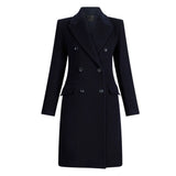 Women's Classic Dark Blue Double-Breasted Wool Trench Coat
