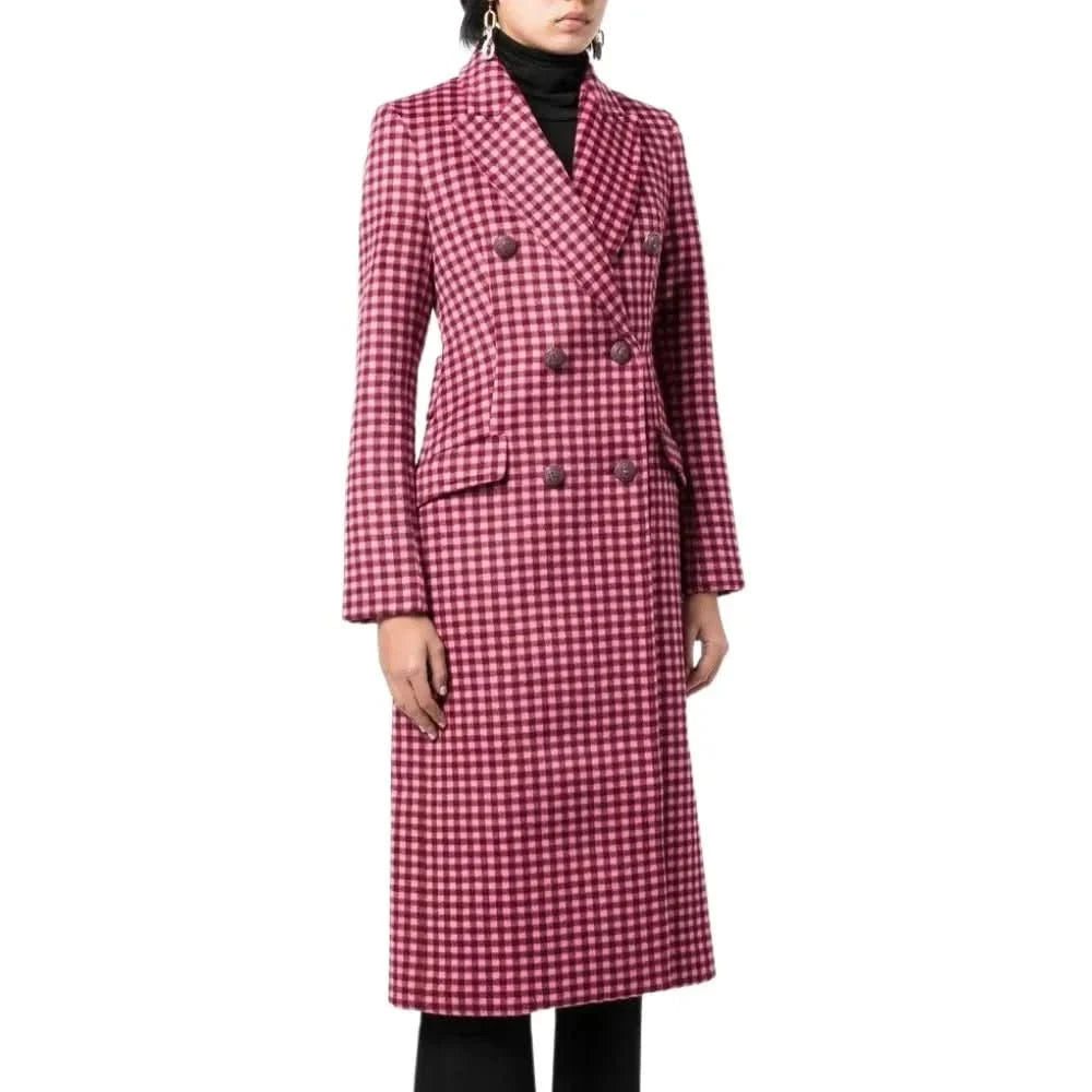 Womens Pink Plaid Wool Long Coat
