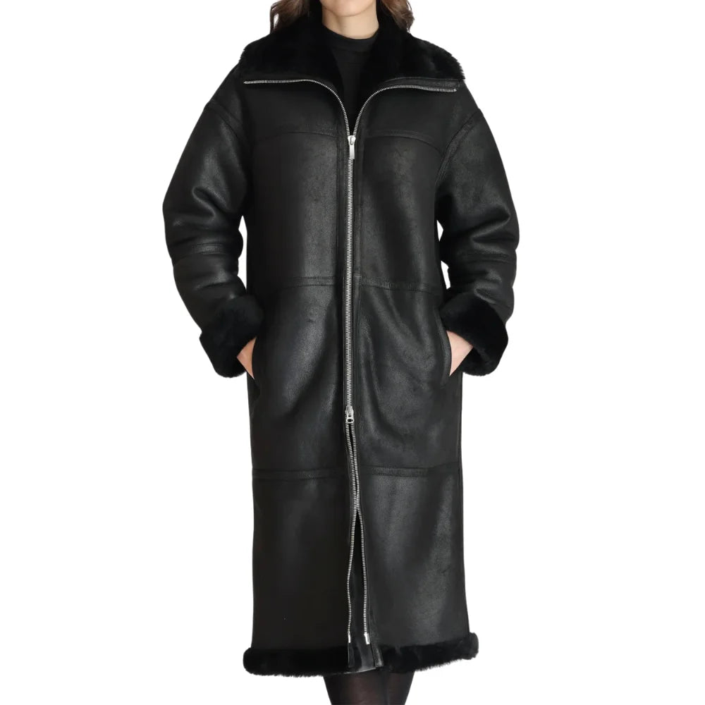 Women’s Full-Length Black Shearling Leather Coat – Ultimate Winter Warmth