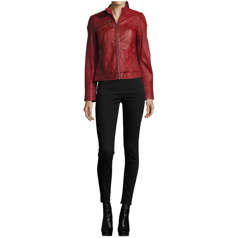 Merlot Apple Red Leather Biker Jacket for Womens
