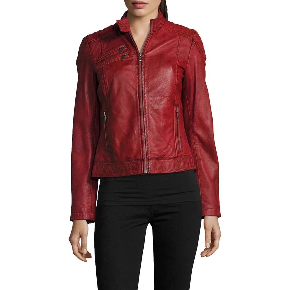 Red Leather Biker Jacket Womens