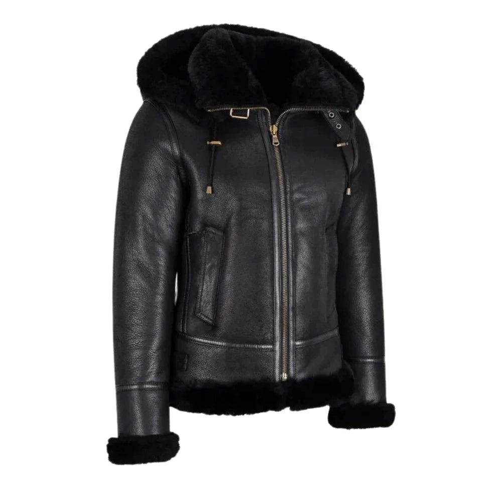 Womens Hooded Shearling Black Bomber Aviator Jacket