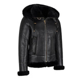 Womens Hooded Shearling Black Bomber Aviator Jacket