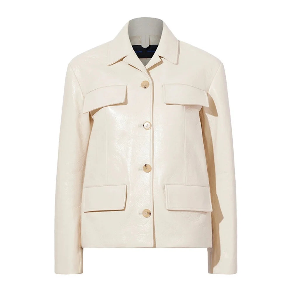 Shirt Collar Off White Leather Jacket Female