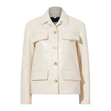 Shirt Collar Off White Leather Jacket Female