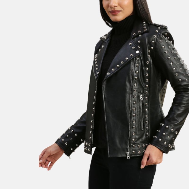 Womens Studded Motorcycle Black Leather Jacket
