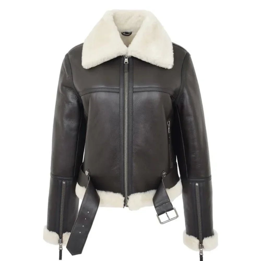 Womens Sheepskin B3 Belted Leather Shearling Jacket Aviator