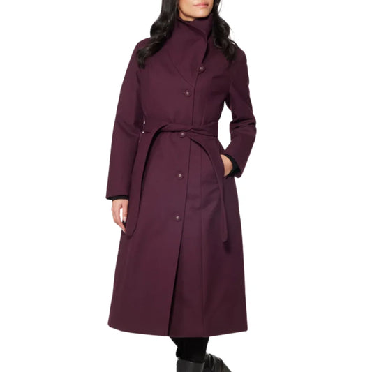 Women’s Burgundy Long Belted Wool Blend Coat