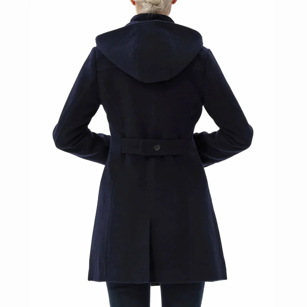 Women’s Wool Blend Navy Blue Hooded Duffle Coat