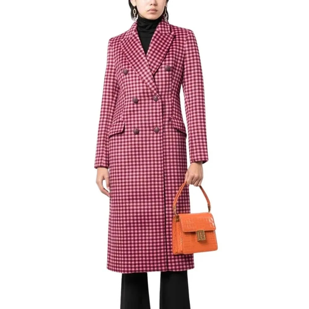 Womens Pink Plaid Wool Long Coat